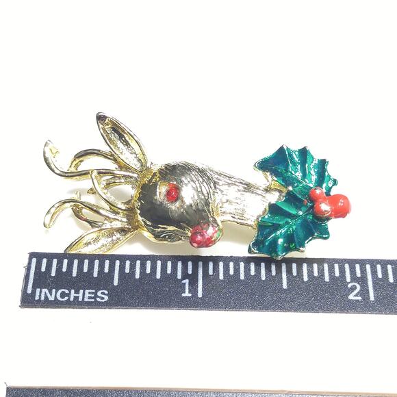 Vintage Rudolph Red Nose Reindeer Brooch, Enamel Holly, 1960s, 2 Inches - Picture 9 of 10